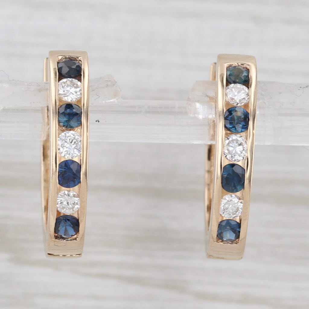Light Gray Blue Sapphire Diamond Hoop Huggie Earrings 14k Yellow Gold Snap Top Round Hoops