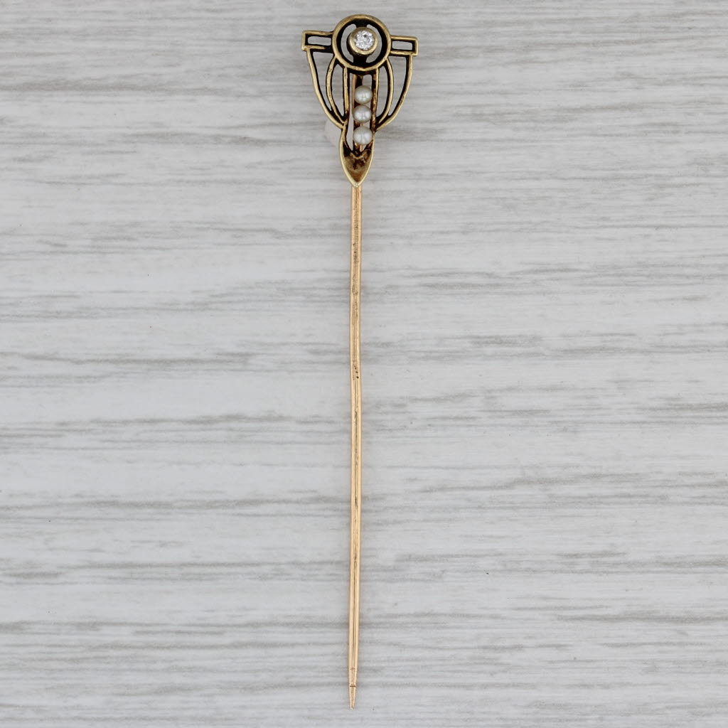 Gray Antique Diamond Seed Pearl Stickpin 14k Yellow Gold