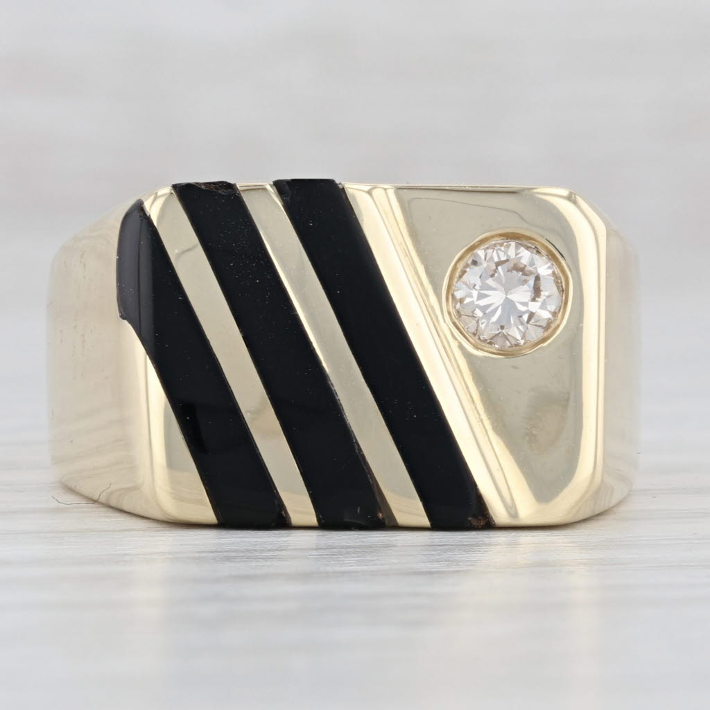 Light Gray Onyx Striped Diamond Men’s Ring 14k Yellow Gold Size 10.75