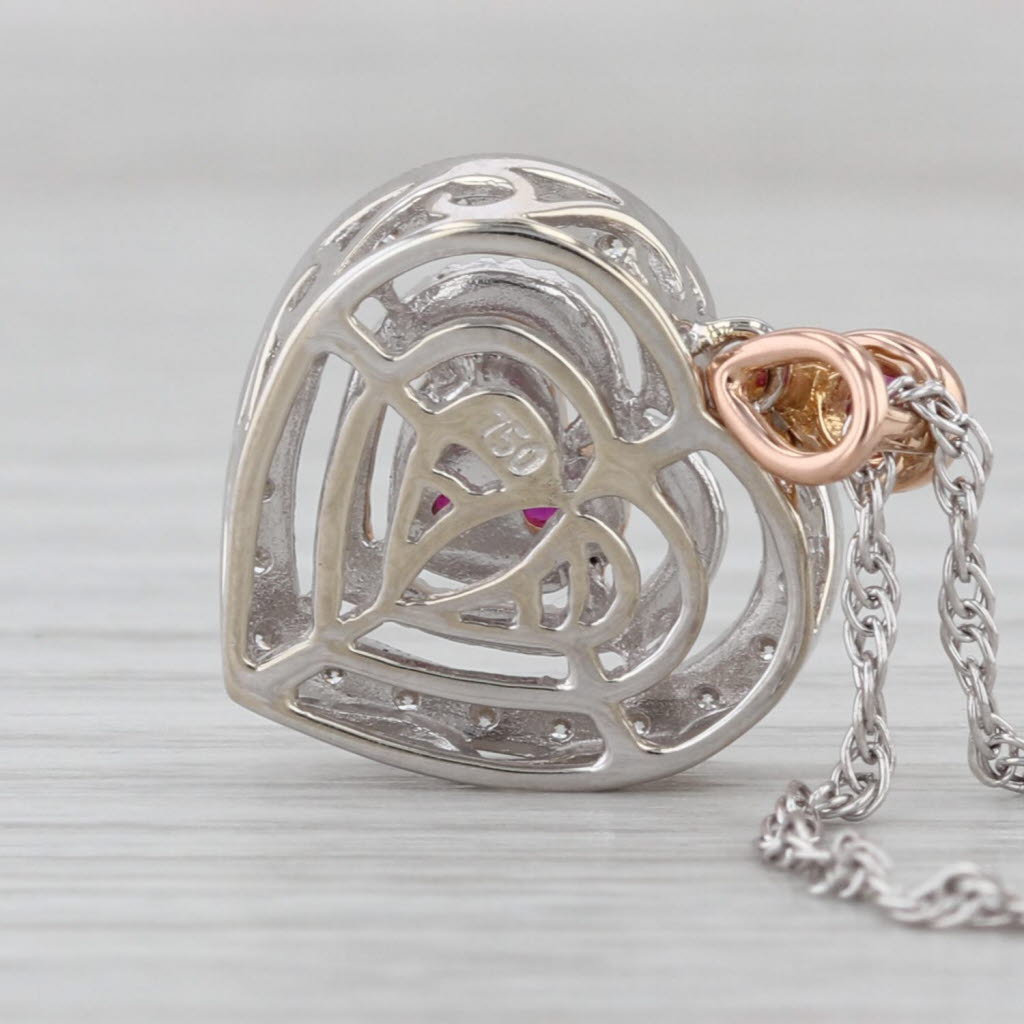 0.44ctw Ruby Diamond Halo Heart Pendant Necklace 18k White Rose Gold 18"
