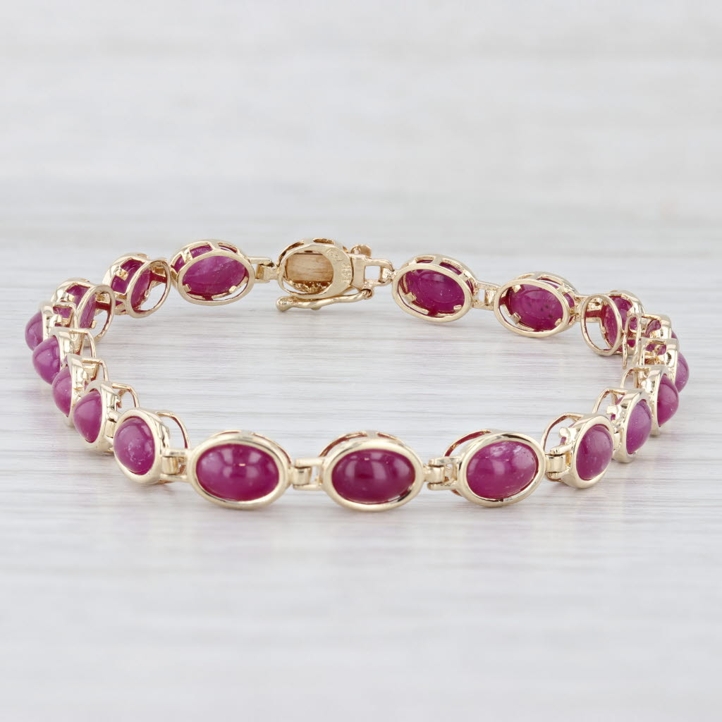 Light Gray Ruby Oval Cabochon Tennis Bracelet 14k Yellow Gold 6.75" 5.2mm