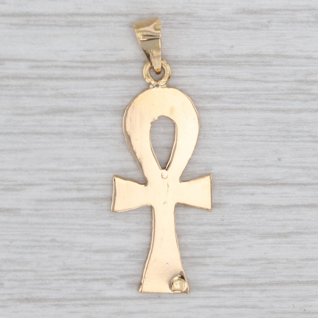 Light Gray Hieroglyphic Egyptian Ankh Cross Pendant 18k Yellow Gold