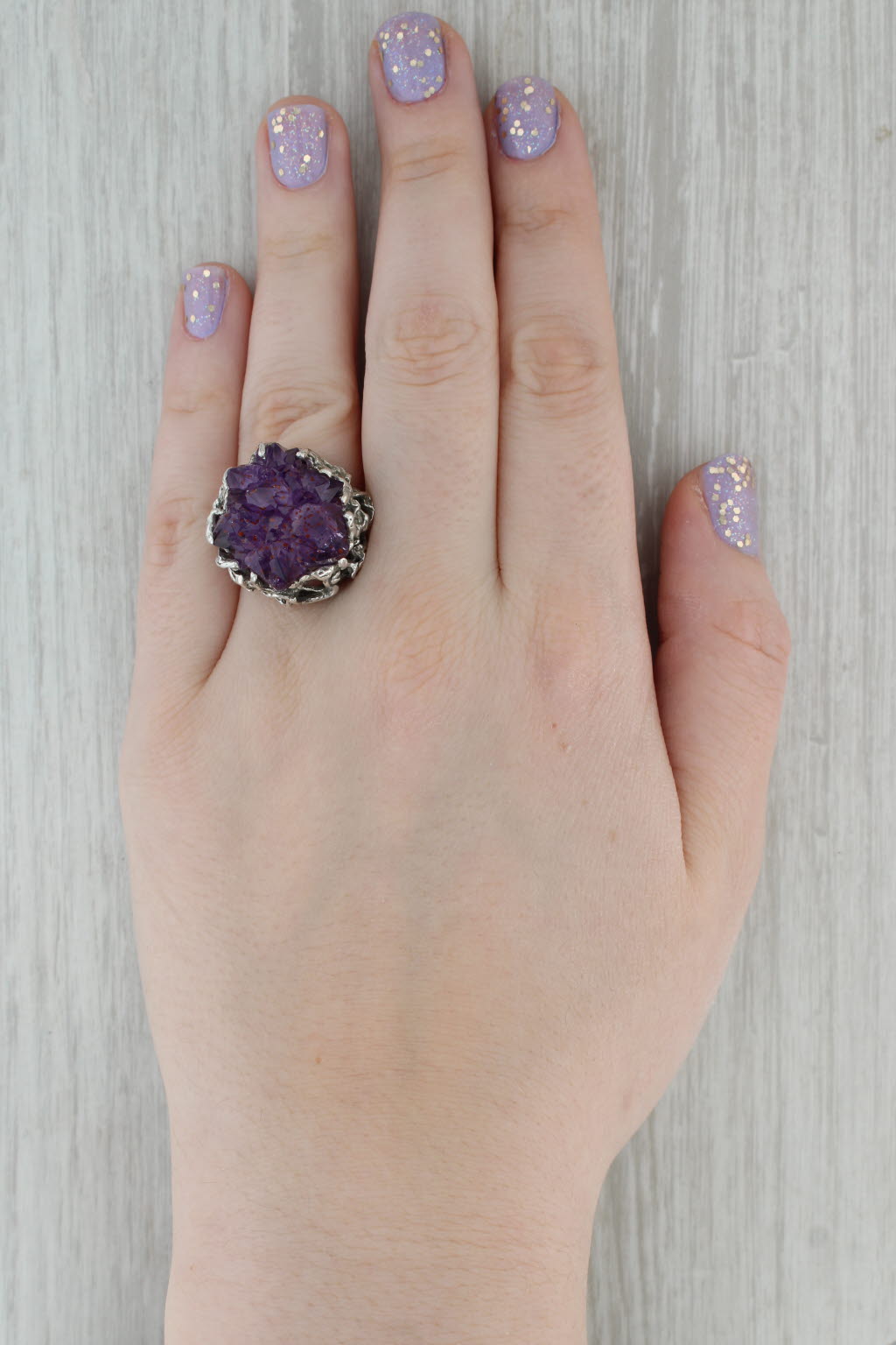 Dark Gray Vintage Amethyst Crystal Ring Sterling Silver Size 7.5 Statement Cocktail Gothic