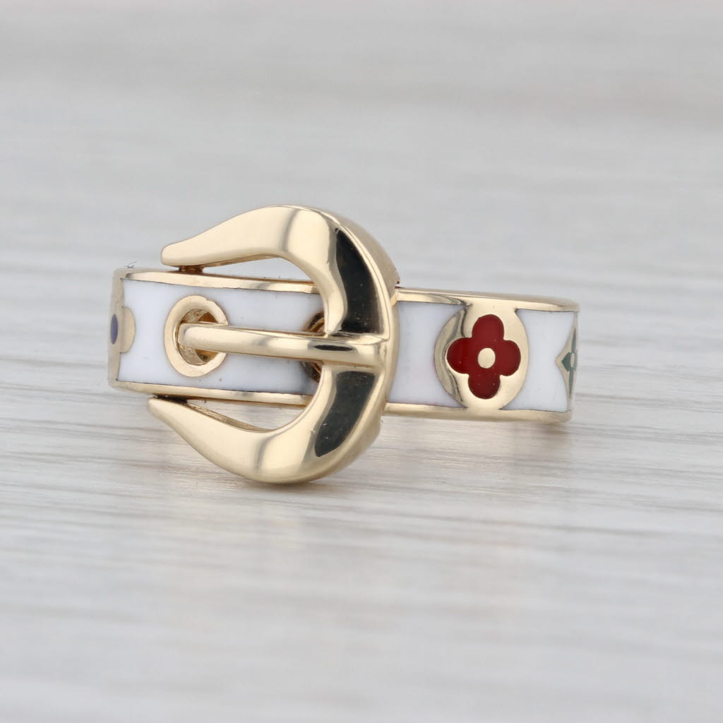 Floral Belt Buckle Ring 14k Yellow Gold Multicolor Resin Size 8 Band