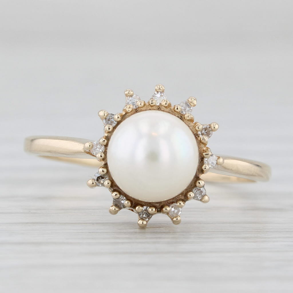 Light Gray Cultured Pearl Diamond Halo Ring 10k Yellow Gold Size 8