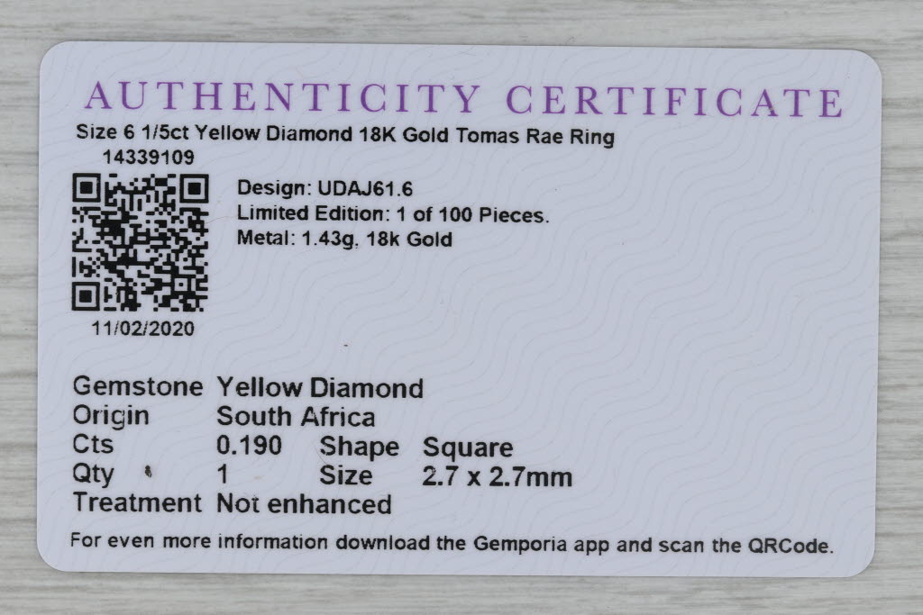 Gray 0.19ct Princess Diamond Solitaire Engagement Ring 18k Yellow Gold Tomas Rae COA