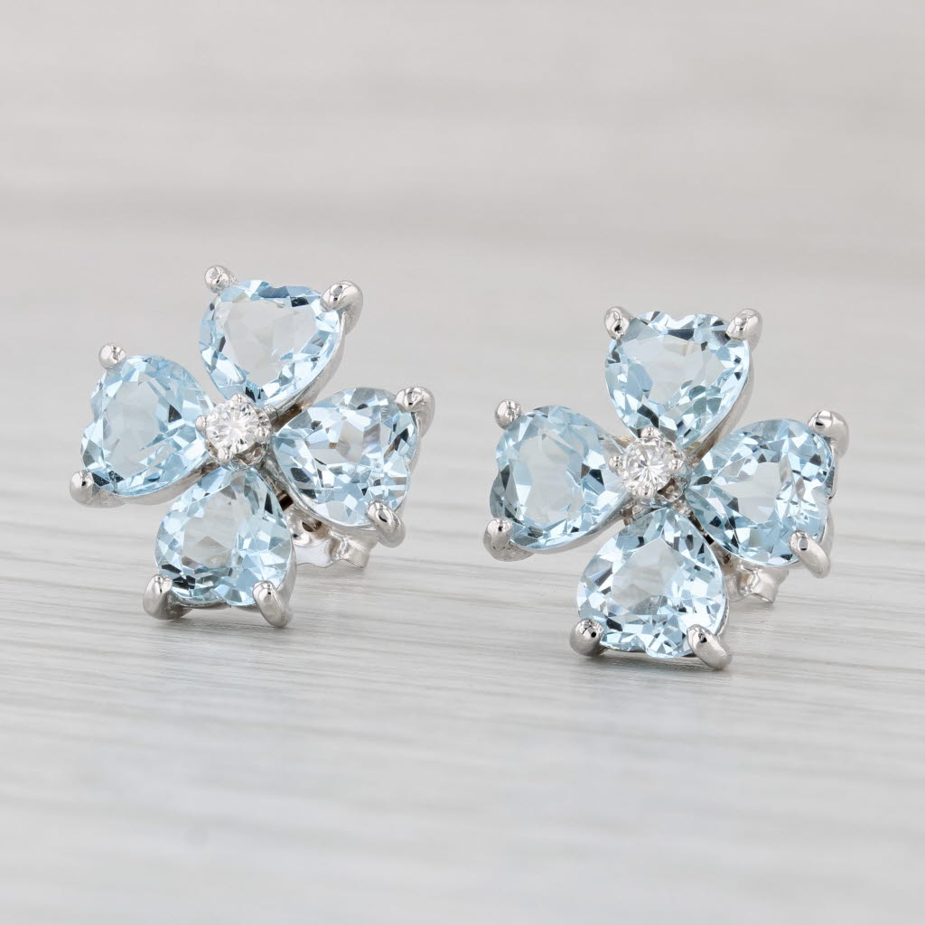 Light Gray 5.58ctw Aquamarine Diamond Flower Stud Earrings 14k White Gold