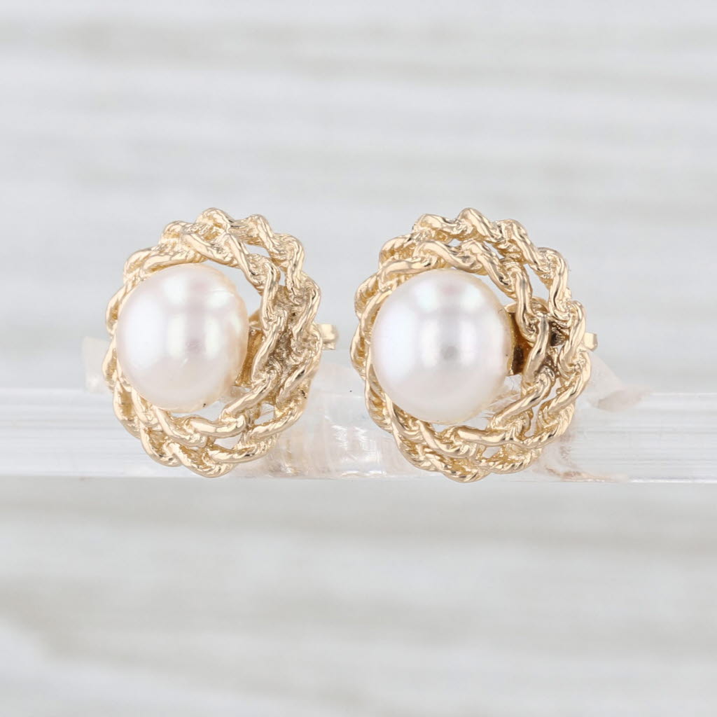 Saltwater Cultured Pearl Rope Frame Stud Earrings 14k Yellow Gold Round Studs