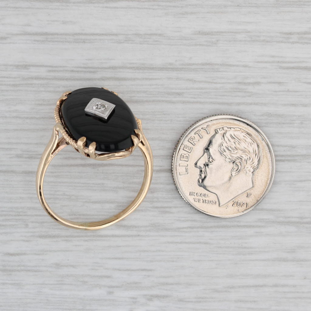 Gray Vintage Oval Onyx Diamond Signet Ring 10k Yellow Gold Size 7.75