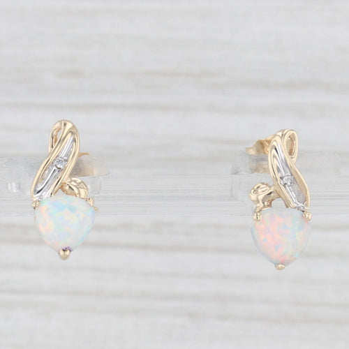 Light Gray Lab Created Opal Diamond Stud Earrings 10k Yellow Gold Small Drops