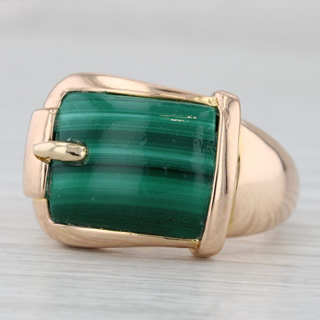 Gray Vintage Green Malachite Belt Buckle Ring 14k Rose Gold Size 8.25