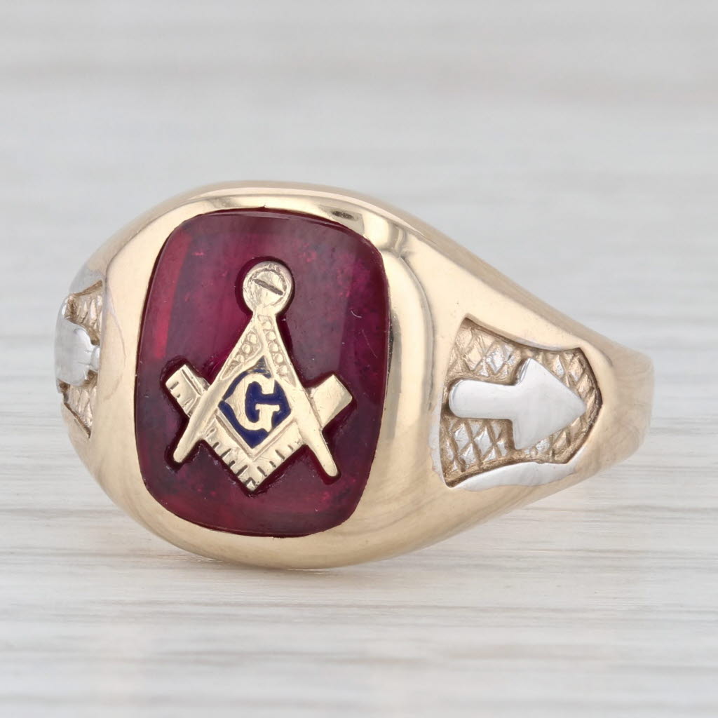 Light Gray Masonic Blue Lodge Signet Ring 10k Gold Square Compass Lab Created Ruby Size 10