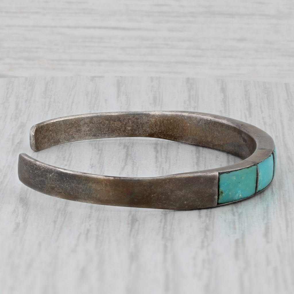 Gray Turquoise Inlay Mosaic Cuff Bracelet Vintage Sterling Silver Native American