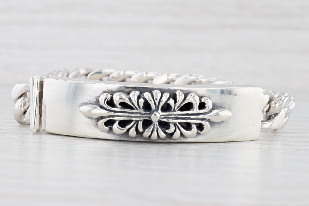 Light Gray Vintage Ornate Floral Bar Bracelet Sterling Silver 8.5" Snap Clasp