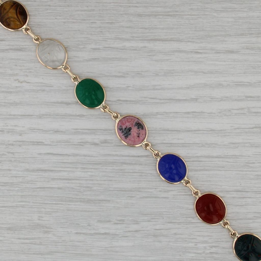Carved Scarab Stone Bracelet 14k Gold Tiger's Eye Bloodstone Quartz Carnelian