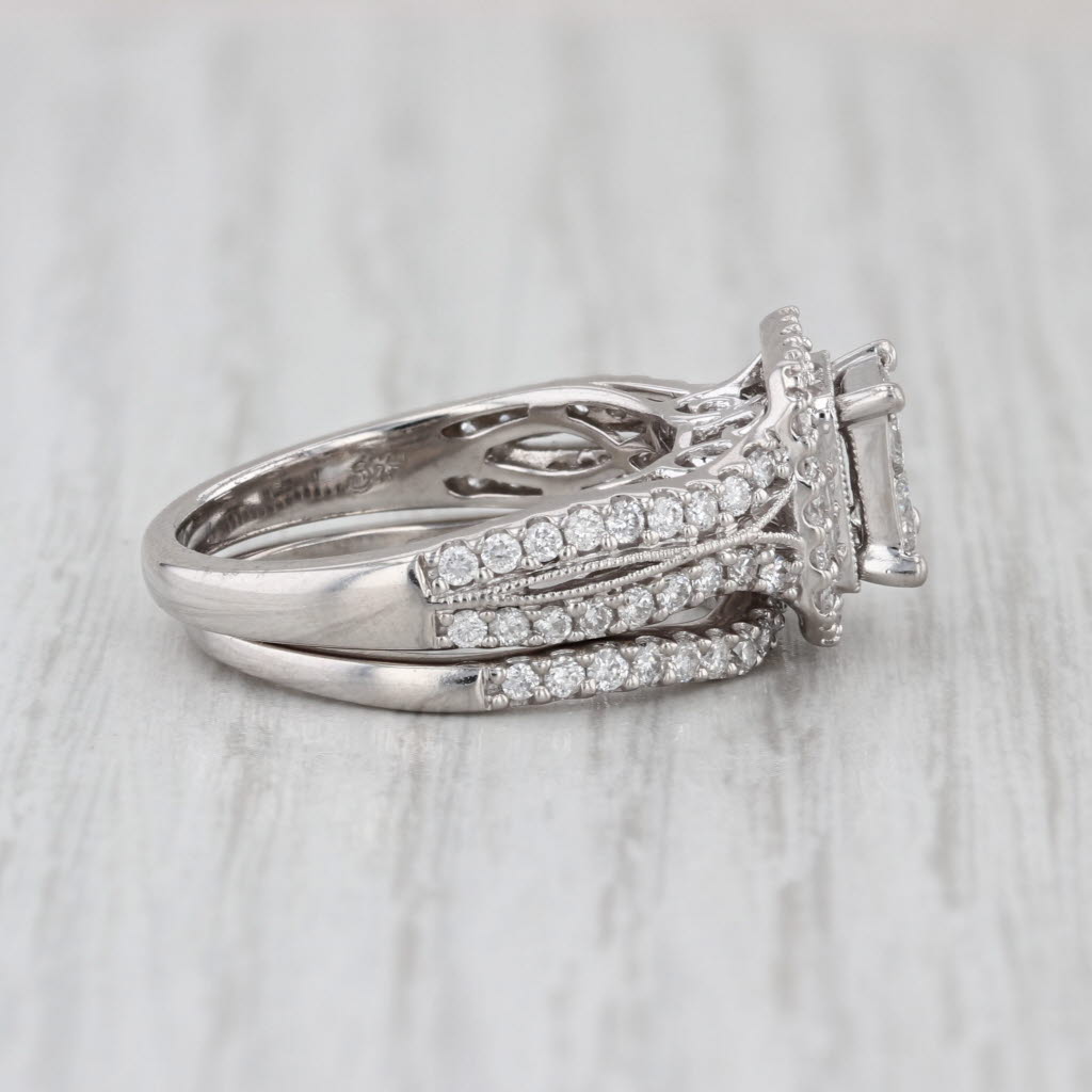 1.41ctw Diamond Halo Engagement Ring Wedding Band Bridal Set 14k White Gold Sz 7