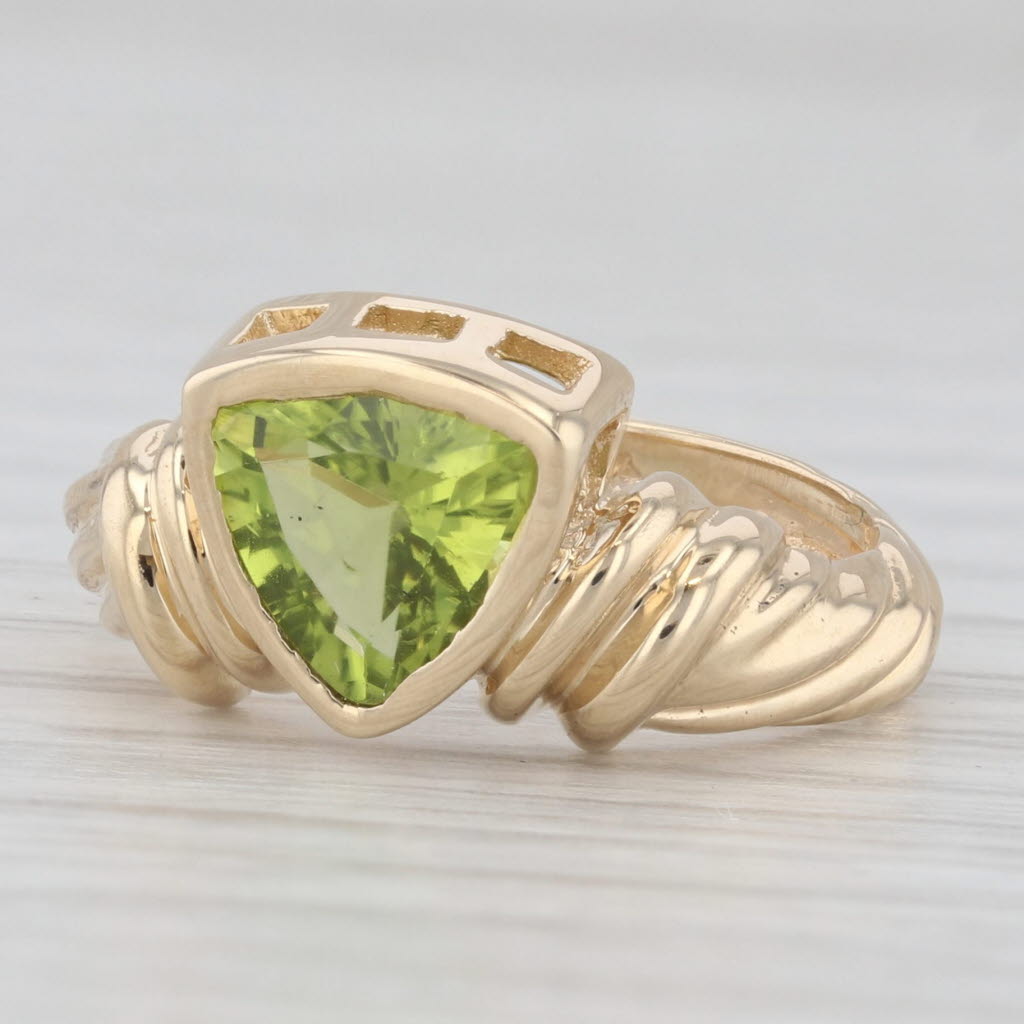 Light Gray 1.40ct Trillion Peridot Solitaire Ring 14k Yellow Gold Size 4.75 Bezel Set