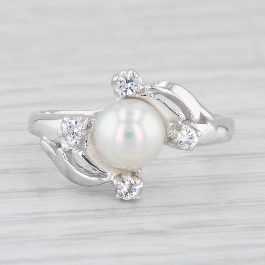 Light Gray Cultured Pearl Lab Created Spinel Ring 10k White Gold Size 6 Bypass