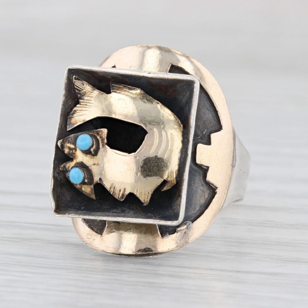 Vintage Glass Eyed Fish Ring Sterling Silver 18k Gold Adjustable Size 5