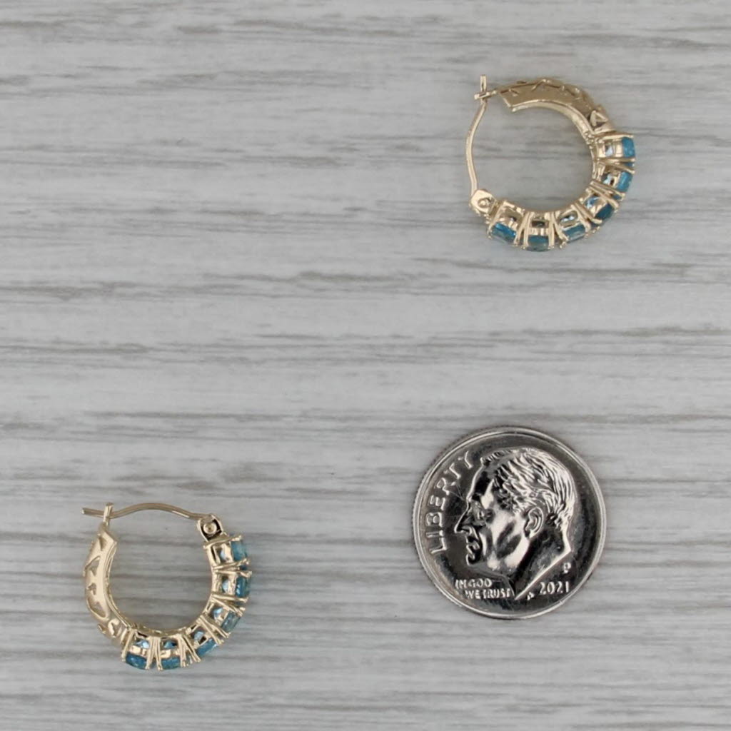 3.30ctw Blue Topaz Hoop Huggie Earrings 14k Yellow Gold Snap Top Round Hoops