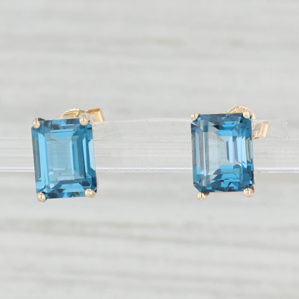 Light Gray 6ctw Emerald Cut London Blue Topaz Stud Earrings 14k Yellow Gold Solitaire Studs