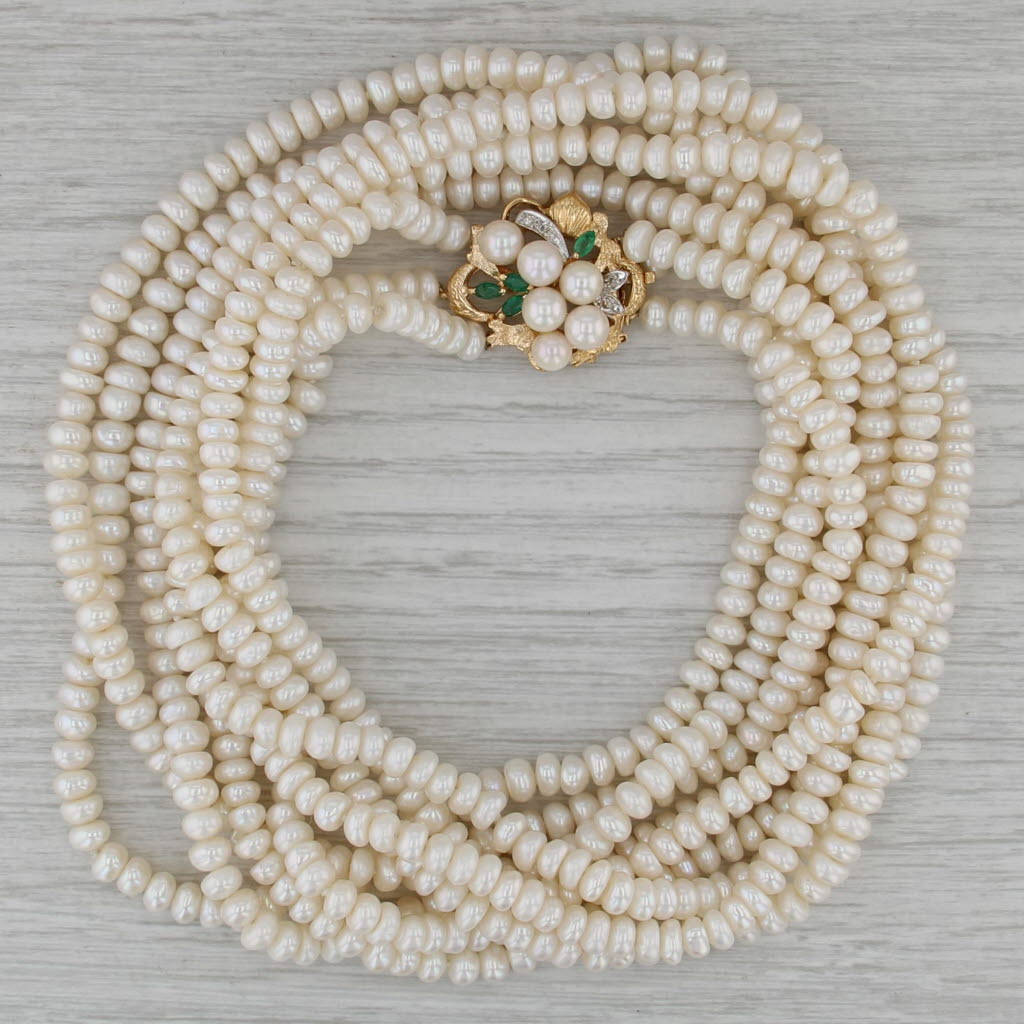Cultured Pearl 3-Strand Necklace 18k Gold Emerald Diamond Clasp 31.25"