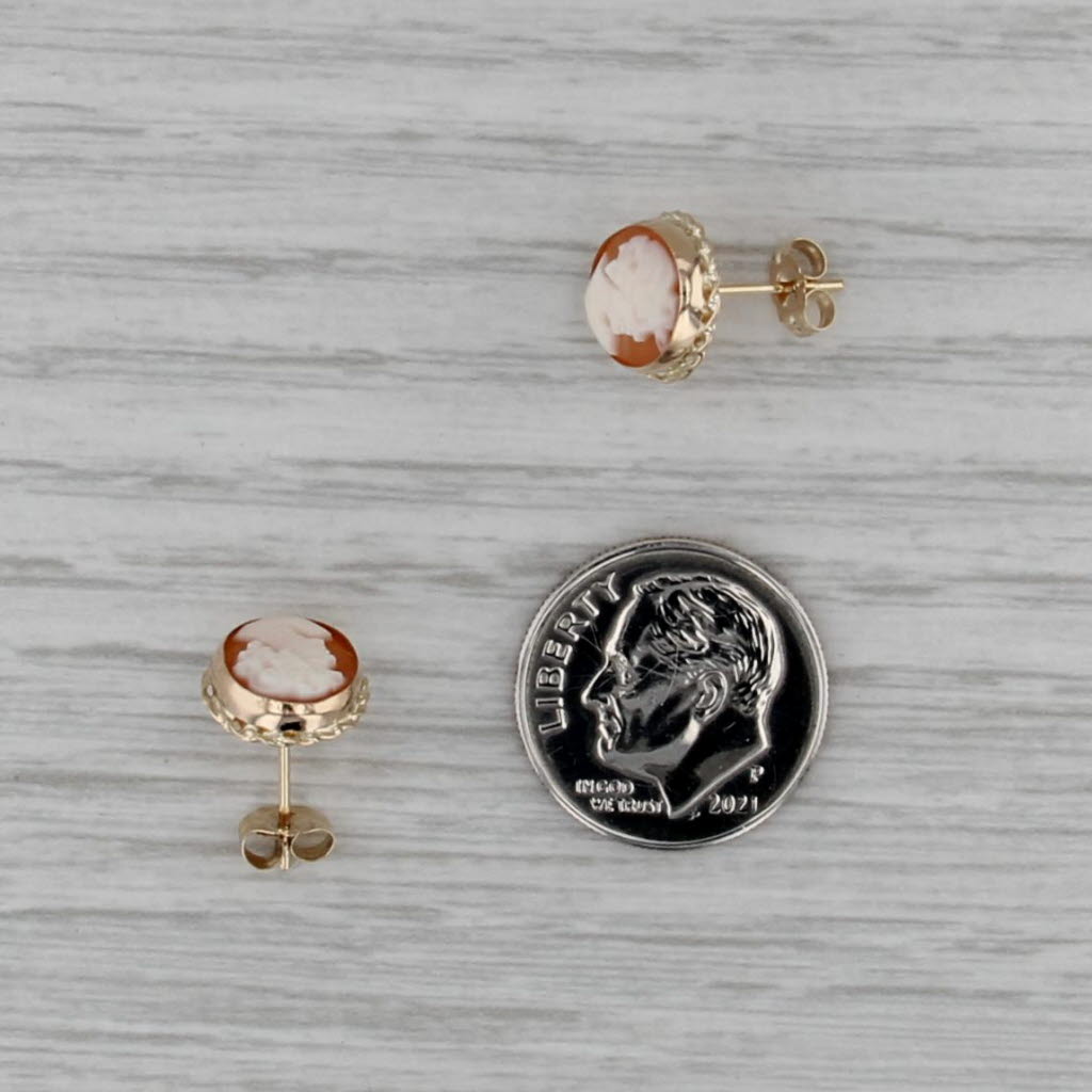 Carved Shell Cameo Stud Earrings 14k Yellow Gold Oval Studs