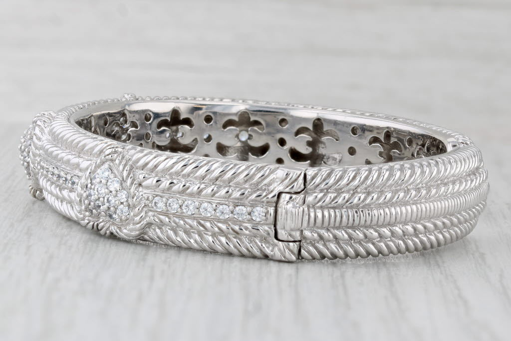 Gray Judith Ripka Pave Cubic Zirconia Hearts Cuff Bracelet Sterling Silver 7" 11.6mm