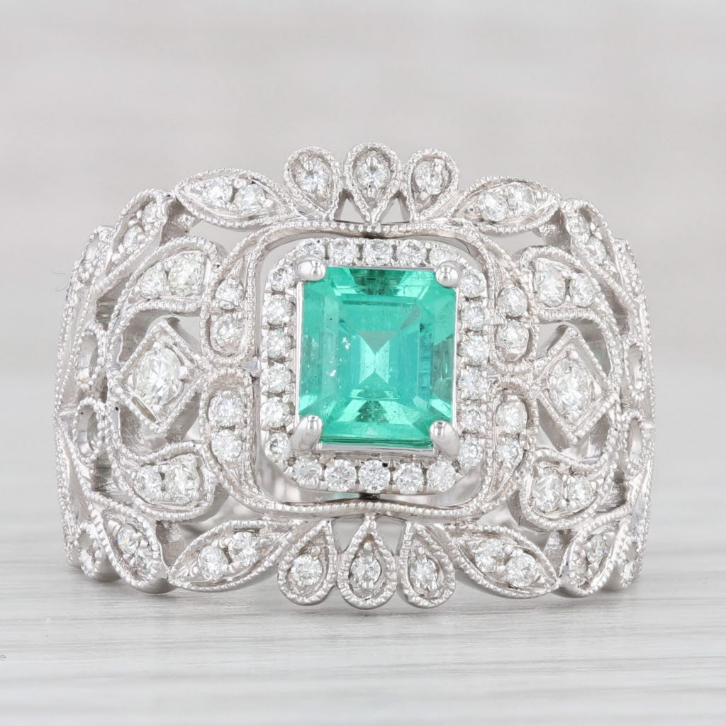 Light Gray New 1.16ctw Emerald Diamond Cocktail Ring 14k White Gold Size 7