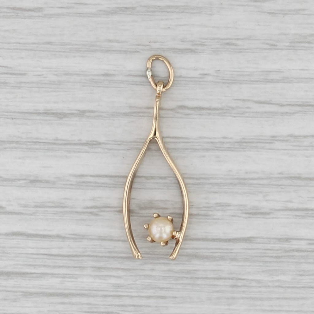 Vintage Natural Pearl Wishbone Pendant 14k Yellow Gold Good Luck Charm