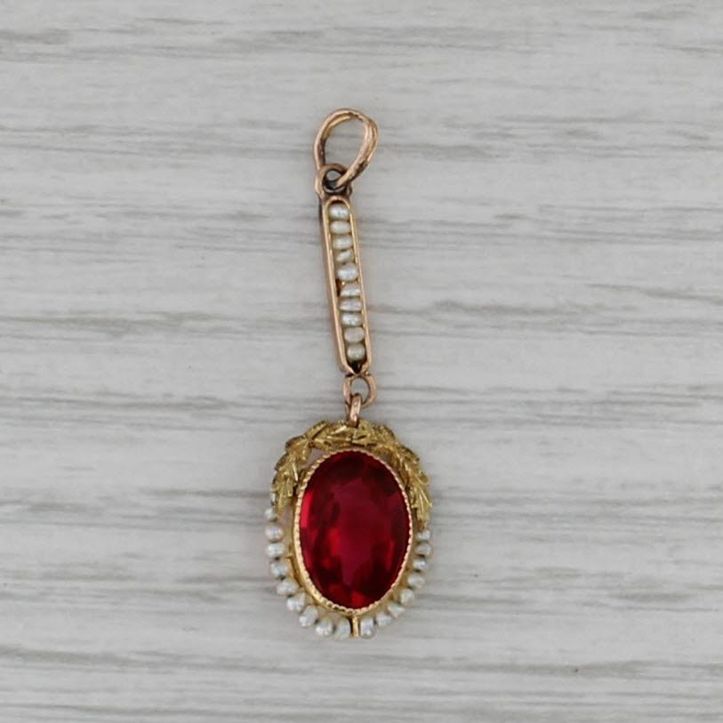 Antique Red Glass Pearls Floral Pendant 10k Rose Gold Drop