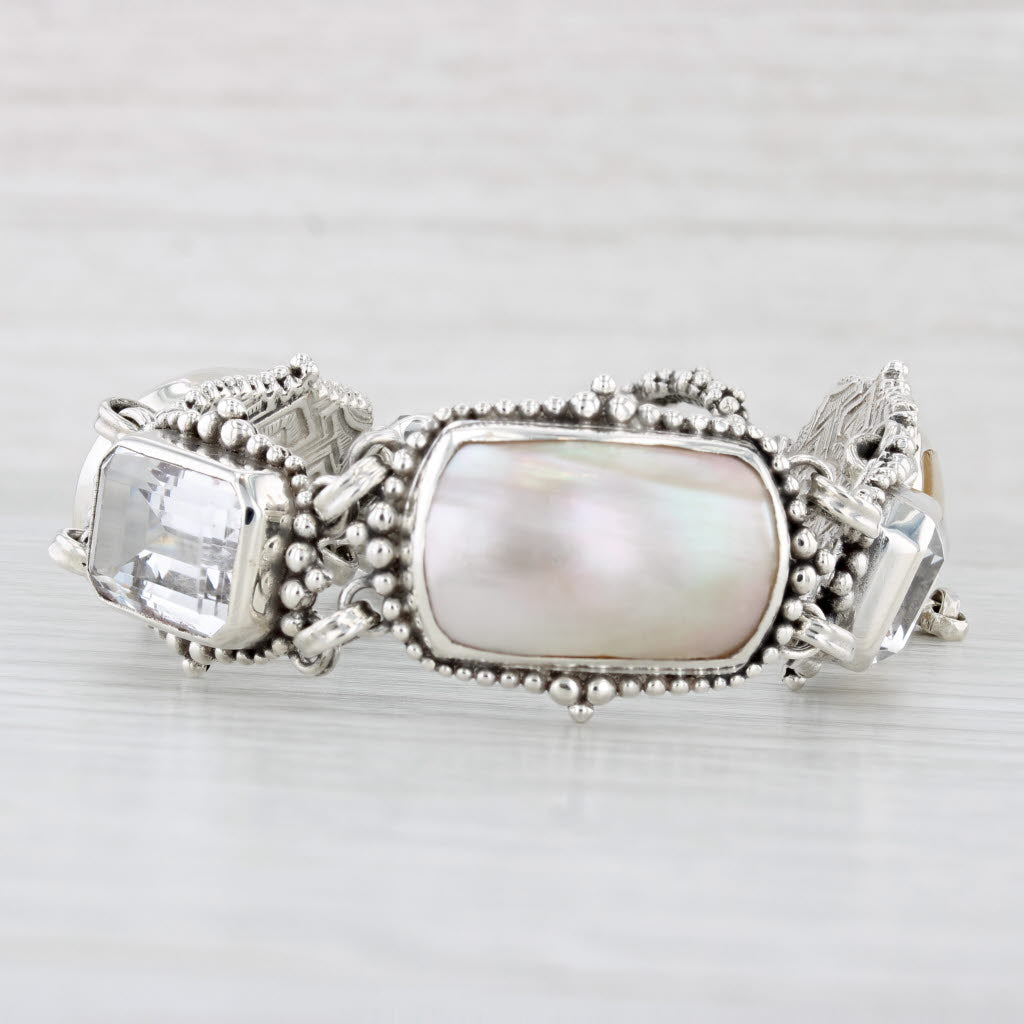 Light Gray Stephen Dweck Quartz Shell Link Bracelet Sterling Silver 7" Statement