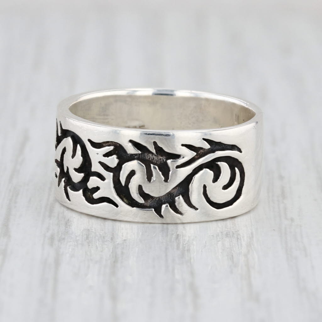 Ornate Floral Etched Band Ring Sterling Silver 10mm Size 10.25