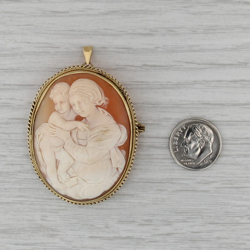 Antique Mother & Child Cameo Brooch Pendant 18k Gold Carved Shell Pin