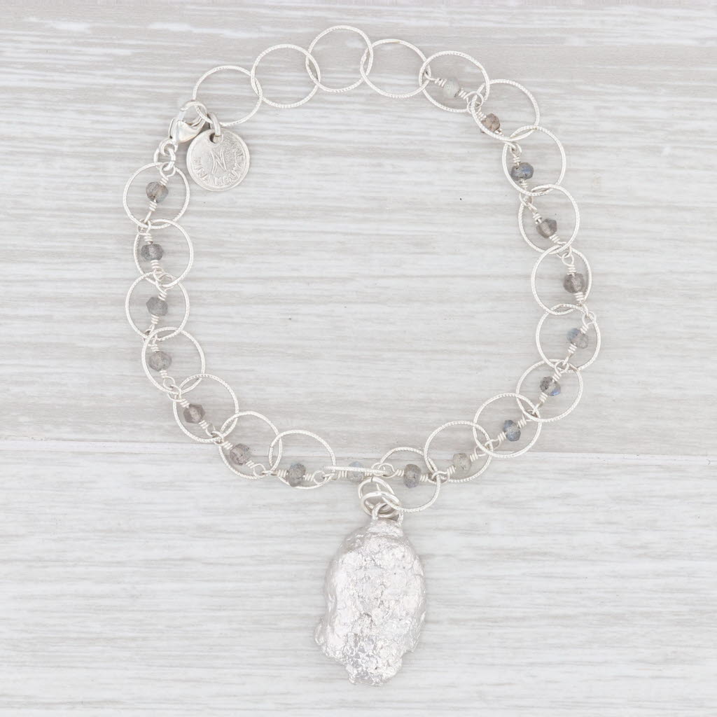 New Nina Wynn Charm Bracelet 7.5" Druzy Geode Quartz Labradorite Bead Sterling