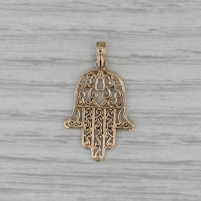 Ornate Openwork Hamsa Fatima Hand Pendant 14k Yellow Gold Charm