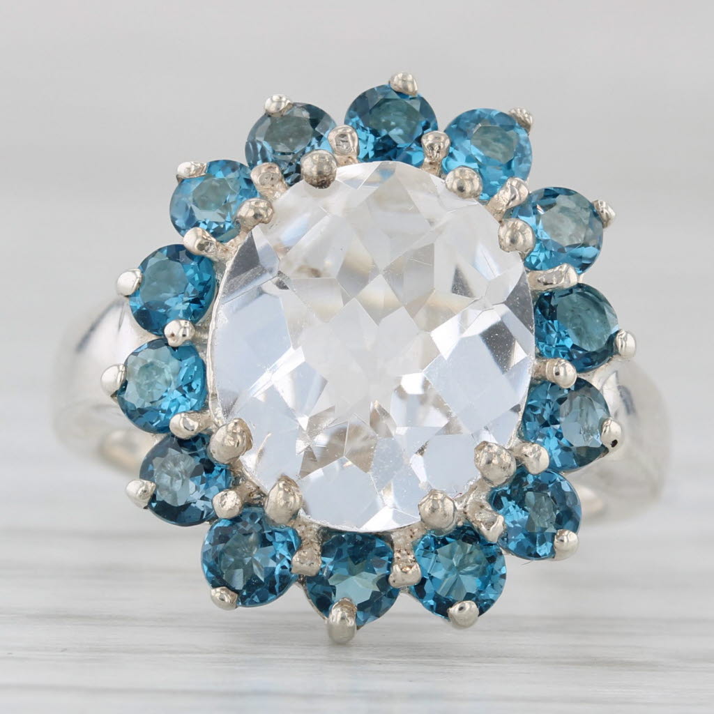 Light Gray Quartz Blue Topaz Halo Ring Sterling Silver Size 6 Statement Cocktail