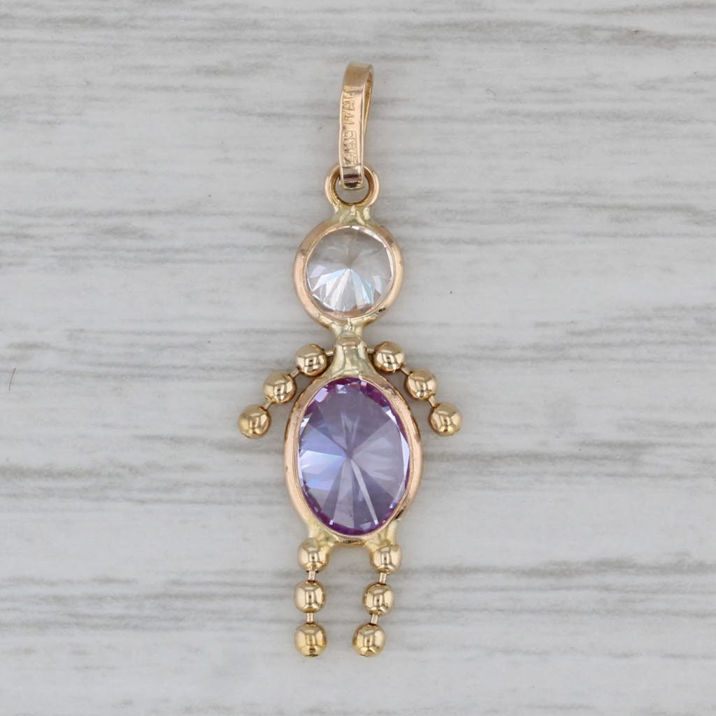 Gray Birthstone Doll Child Pendant 14k Gold Purple Cubic Zirconia February Charm