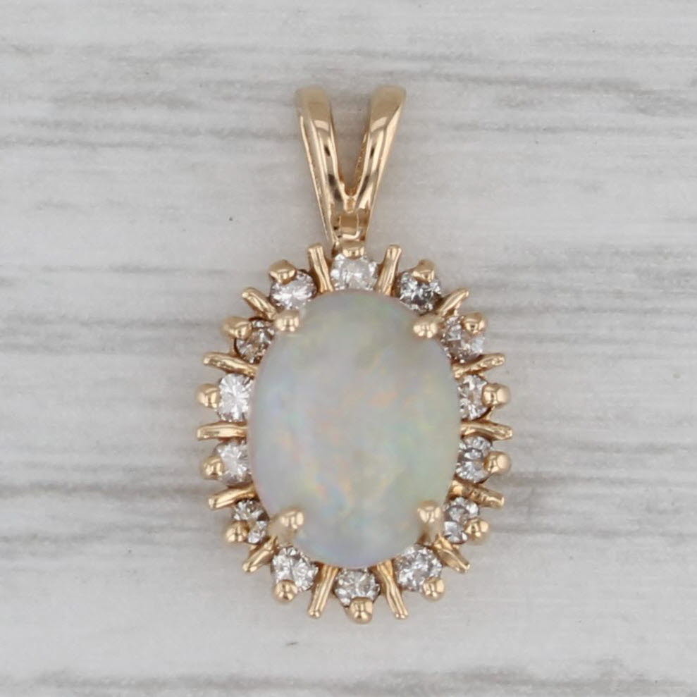 Gray Opal Diamond Halo Pendant 14k Yellow Gold Small Drop