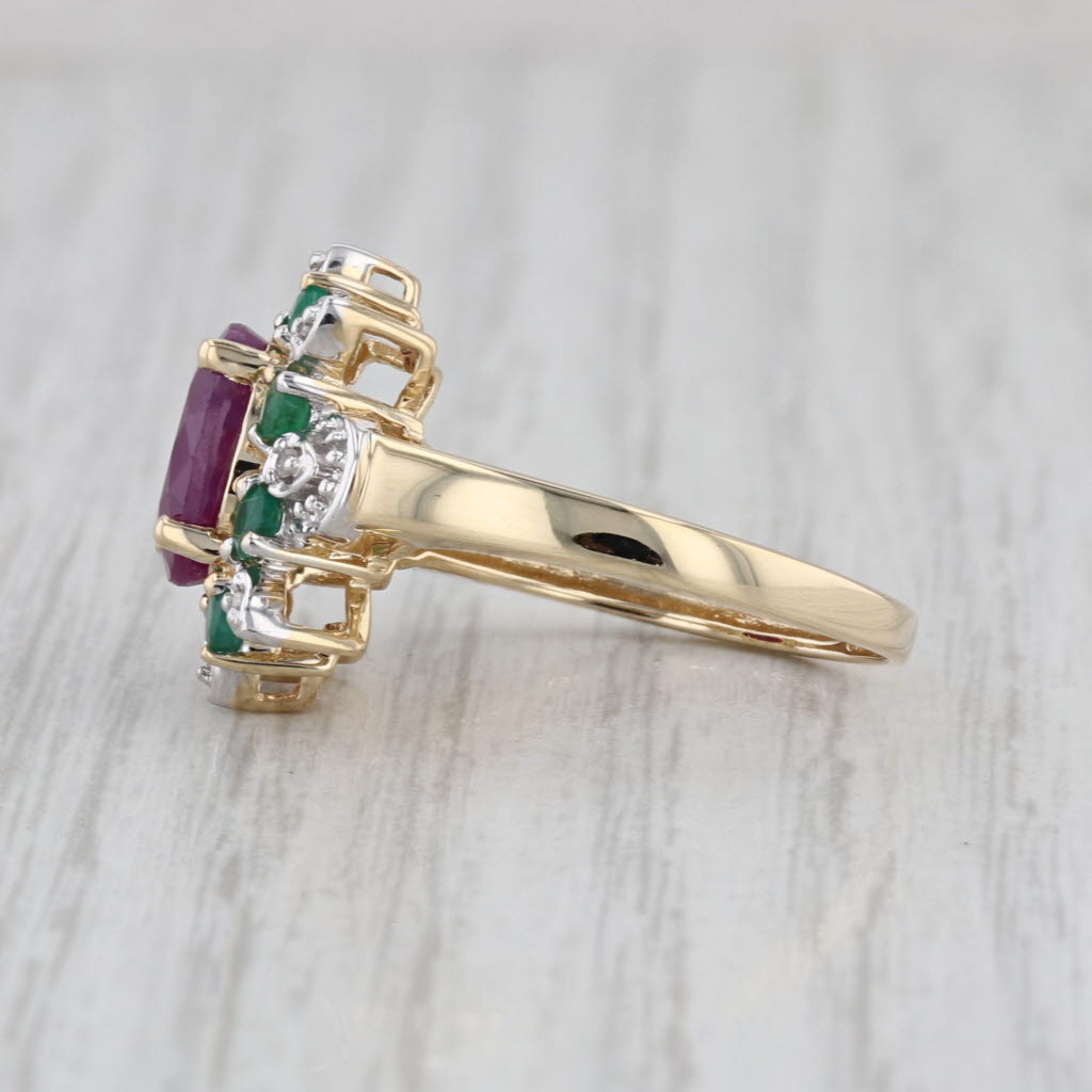 Ruby Emerald Diamond Halo Ring 14k Yellow Gold Size 8.25 Cocktail