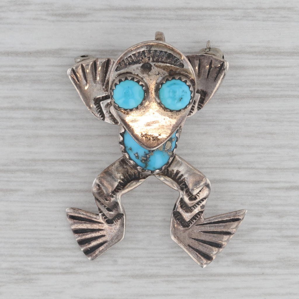 Gray Native American Tribal Frog Figurine Brooch Sterling Silver Turquoise Pin