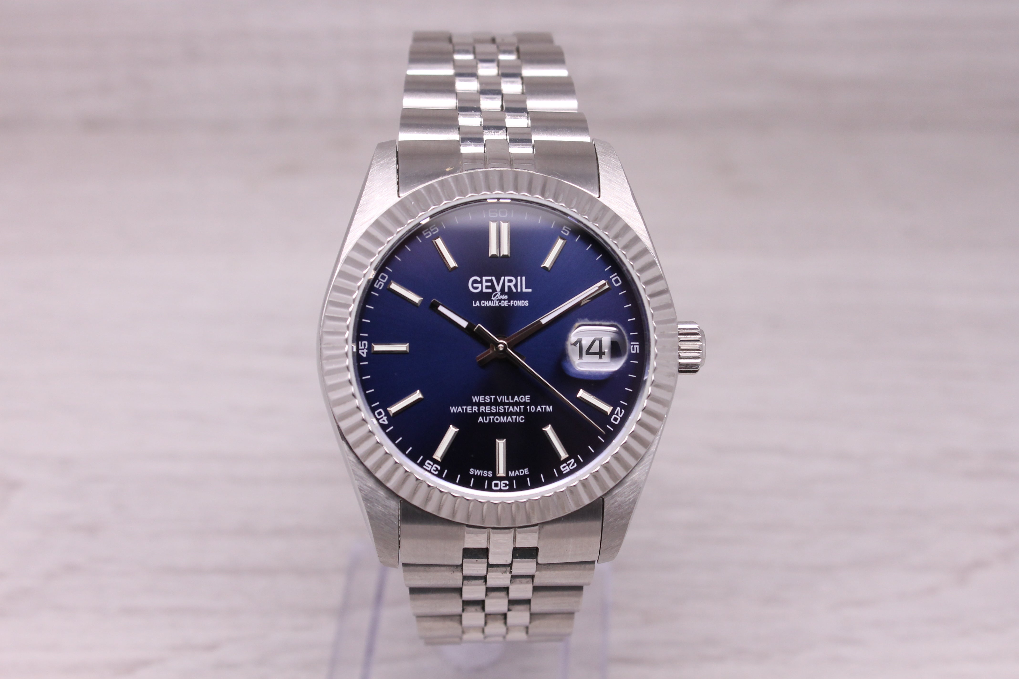 Gevril West Village Mens 40mm Steel Automatic Watch w/ Box Blue Dial 48900