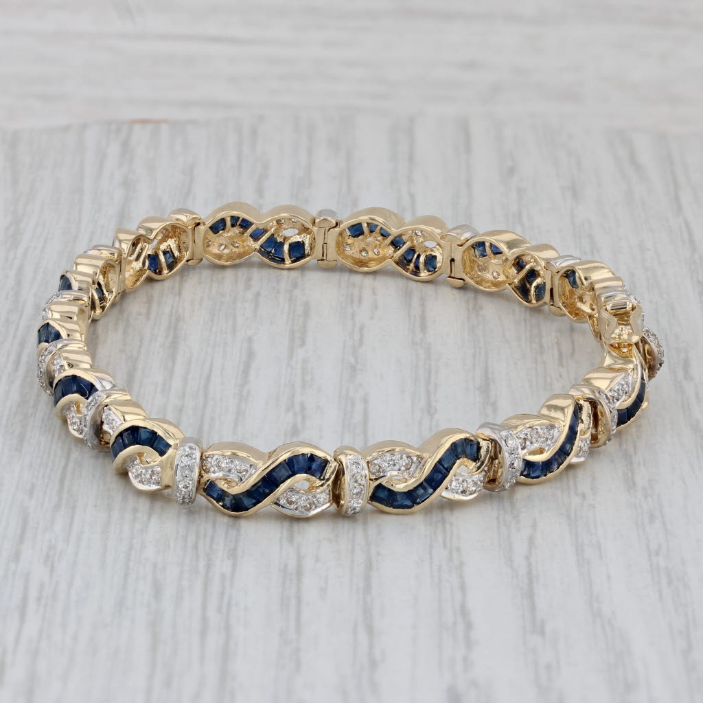 Gray 12.23ctw Diamond Blue Sapphire Woven Bracelet 18k Yellow Gold 7.25” 6.5mm