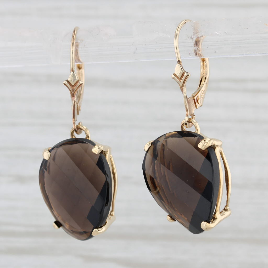 Light Gray Brown Smoky Quartz Dangle Earrings 10k Yellow Gold Pierced Lever Backs