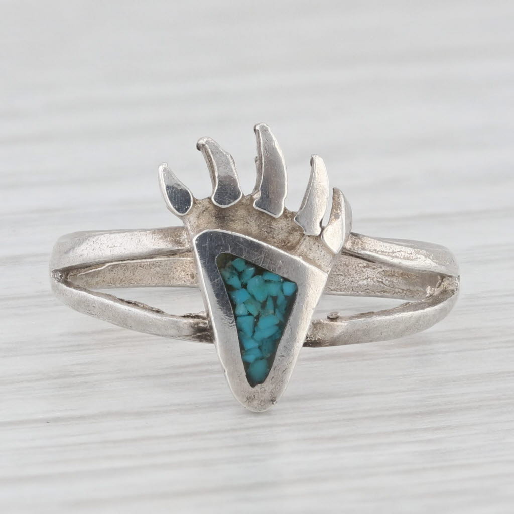 Light Gray Turquoise Tribal Bear Claw Ring Sterling Silver Size 5.75 Vintage Southwestern