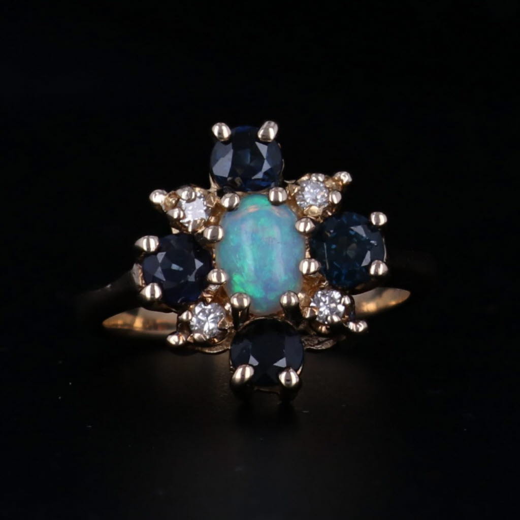 Black 0.66ctw Opal Blue Sapphire Diamond Cluster Ring 14k Yellow Gold Small Size 2.5