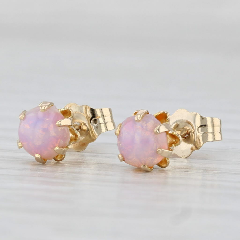 Light Gray Vintage Pink Glass Cabochons Simulated Opal Stud Earrings 14k Yellow Gold