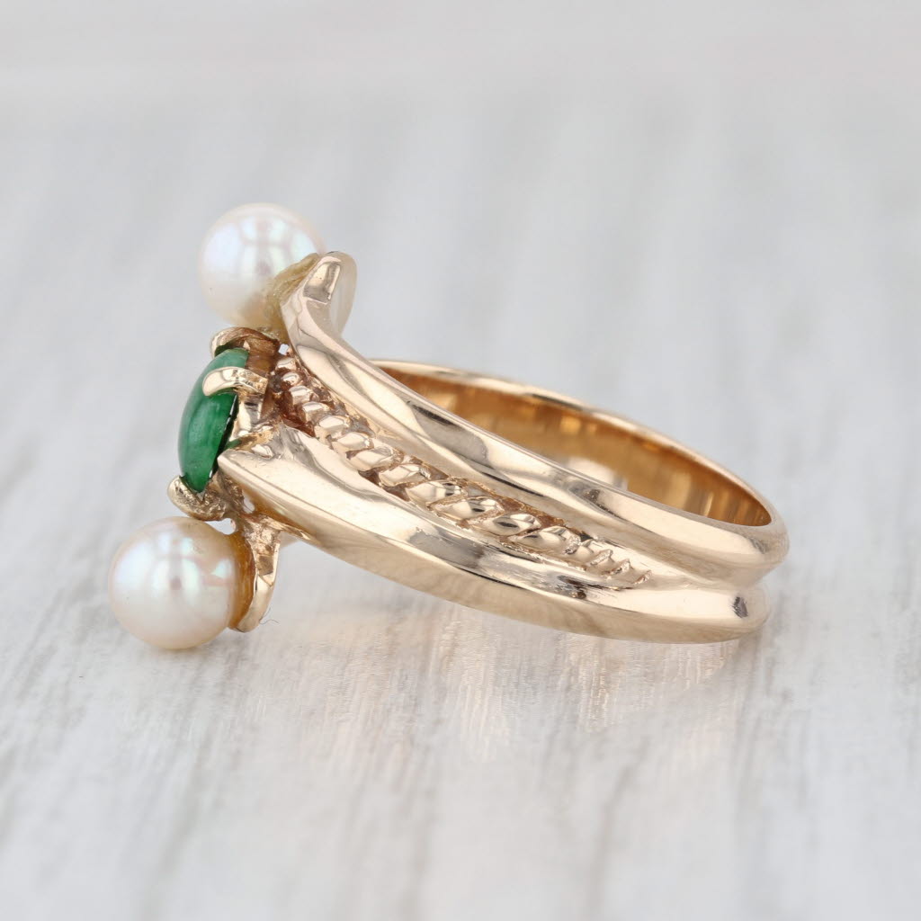 Green Jadeite Jade Pearl Bypass Ring 14k Yellow Gold Size 6