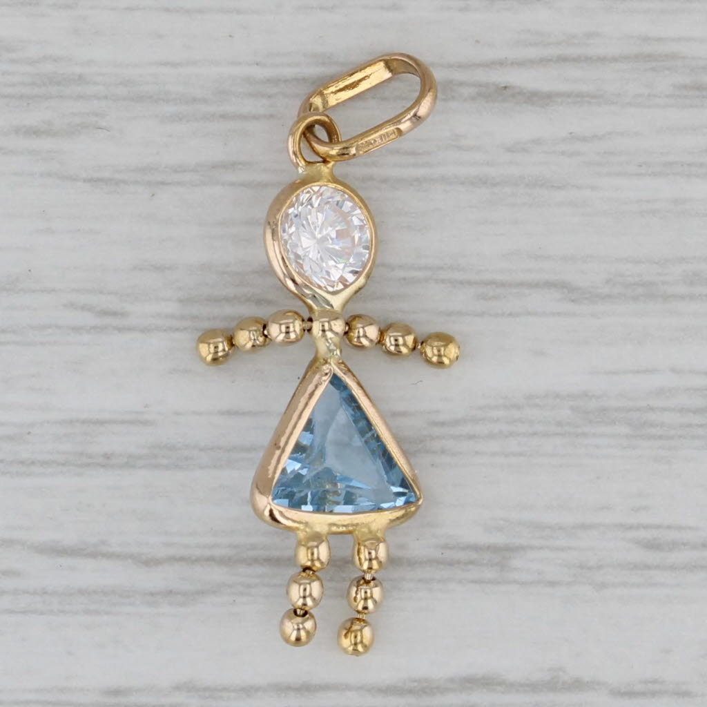 Gray Blue Cubic Zirconia Doll Child Pendant December Birthstone Charm 14k Gold