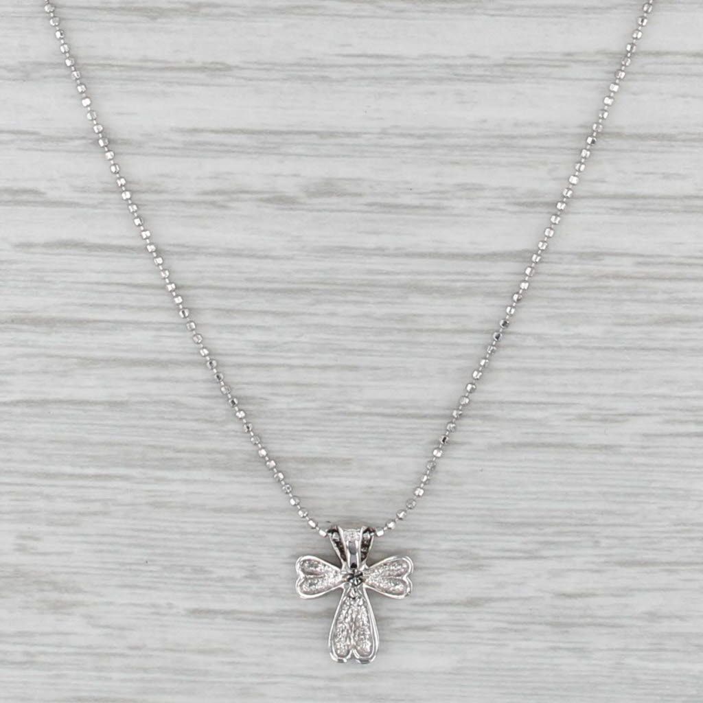 Diamond Solitaire Cross Pendant Bead Necklace 14k White Gold 15.75"